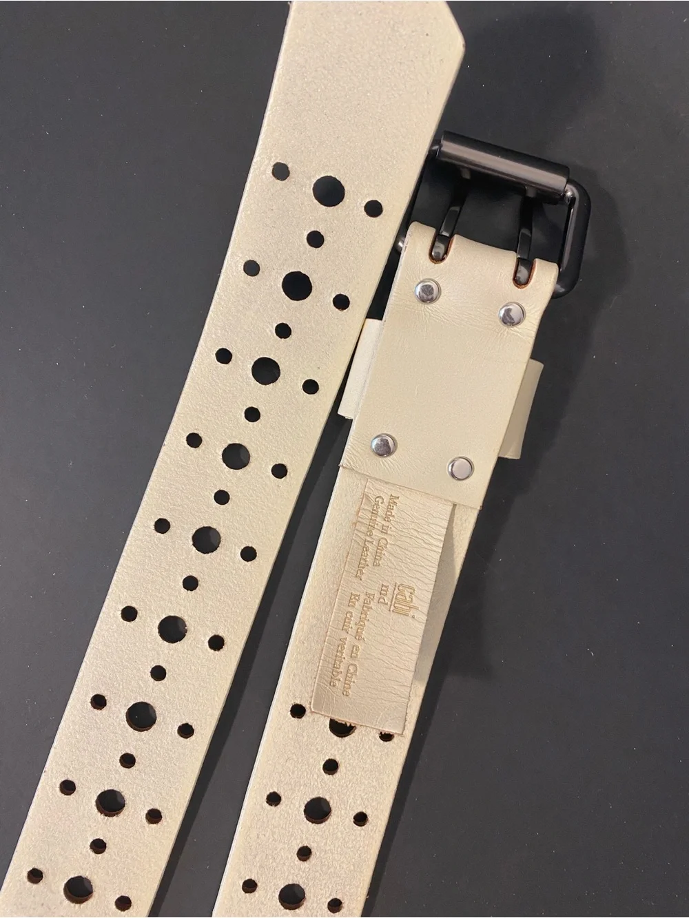 CAbi Cream Leather Perforated Belt Gunmetal Two-Prong Buckle